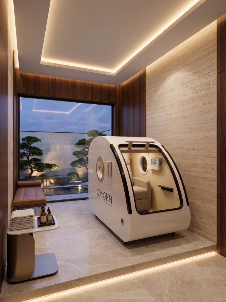 Hard-shell sitting hyperbaric chamber ~2.0 ATA in a luxury spa suite