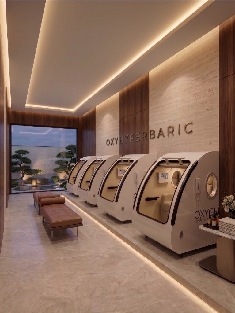 OxyHyperbaric spa showroom with hard-shell sitting chambers for sale