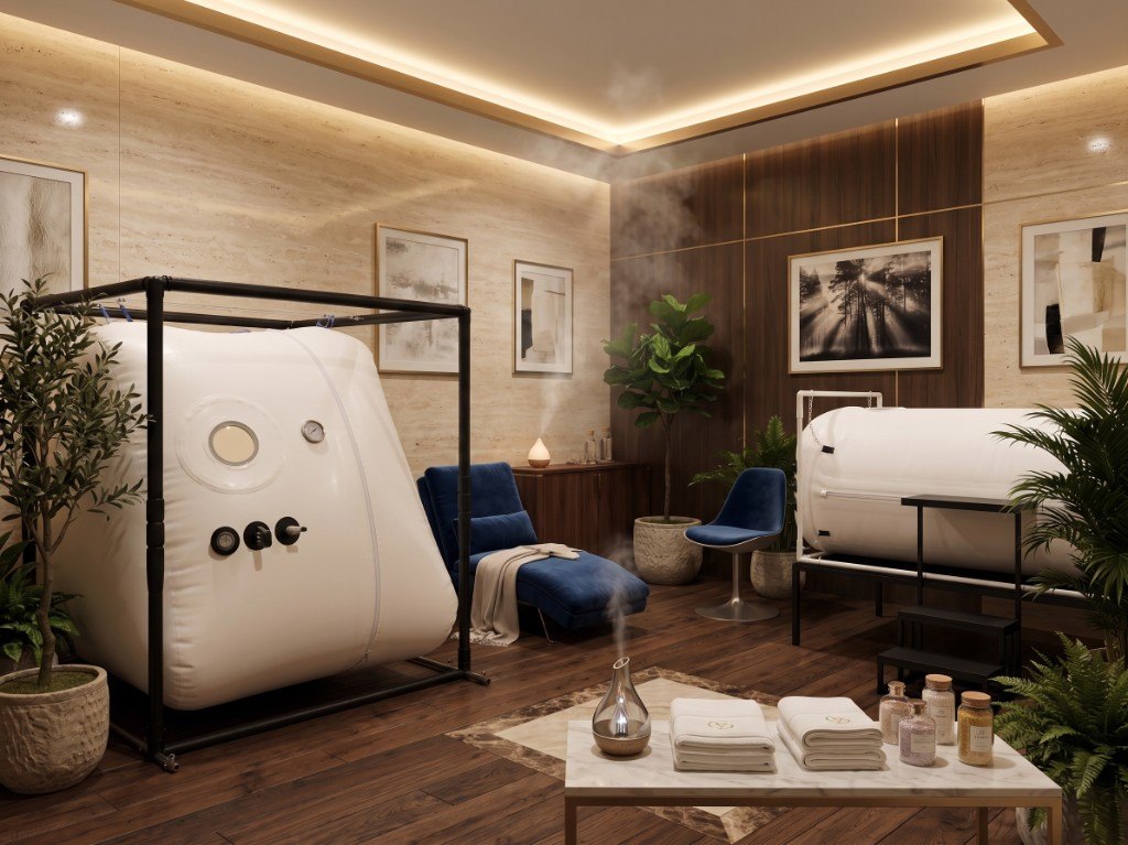 Spa room with soft-shell and hard-shell hyperbaric chambers